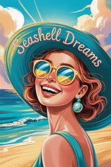 Joyful Summer Vibes with a Smiling Woman in a Wide Brim Hat and Sunglasses Against a Scenic Beach Background