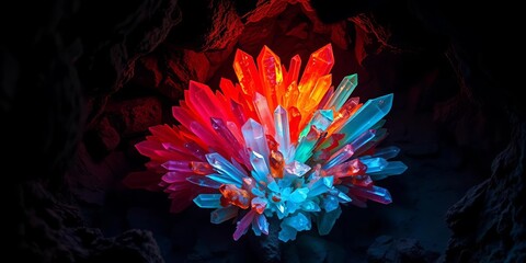 Obraz premium Vibrant red, orange, blue, & green crystals cluster in abstract formation within a dark, rocky cave, green, shine