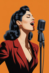 Vintage Style Singer in a Bold Red Suit Belting Out Tunes Against a Bright Orange Background