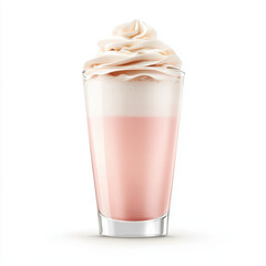 Delicious pink milkshake topped with whipped cream in glass on white background.