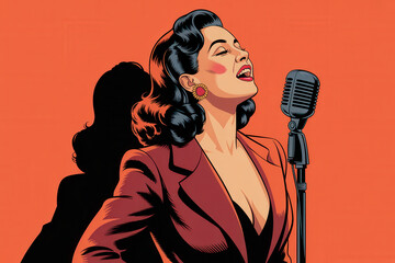 Elegant Vintage Singer in Bold Red and Black with Retro Microphone Against a Vibrant Orange Backdrop