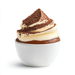 Delicious chocolate mousse topped with creamy vanilla and cocoa powder on white background.