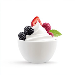 Creamy yogurt topped with fresh berries and mint leaves on white background.