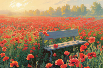 Serene Poppy Field at Sunset with Rustic Bench Inviting Reflection in Warm Golden Hues