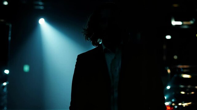 Silhouette of a man in a dark suit under a spotlight.