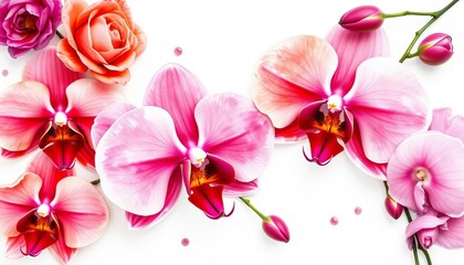 Obraz premium Vibrant watercolor roses, orchids (phalaenopsis, dendrobium), and buds in pink, red, and purple hues on white, pink, summer