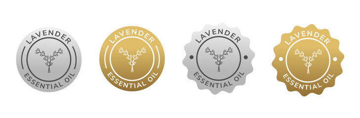 lavender essential oil label silver and gold color. natural ingredient for cosmetic or beauty product.