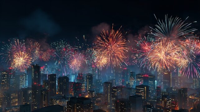 A time-lapse of fireworks filling the sky as the clock strikes midnight,