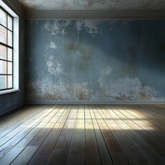 Sunlit room with aged blue wall and wooden floor