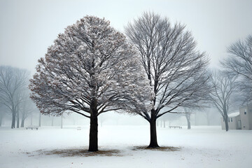Two snow-covered trees in a tranquil winter landscape, offering serene beauty and peaceful ambiance, perfect for seasonal themes.