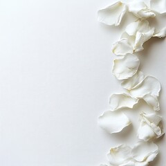 Delicate white rose petals scattered on a white background, creating a minimalist, elegant design