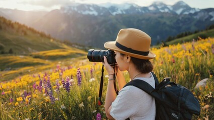 A young photographer captures mountain scenery in golden light, expressing creativity, freedom, and the peaceful harmony between nature and modern storytelling in a remote environment