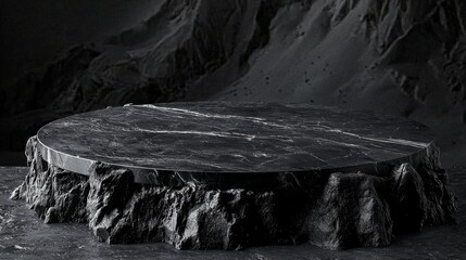 This 3D illustration showcases an elegant black stone display designed for showcasing upscale items.