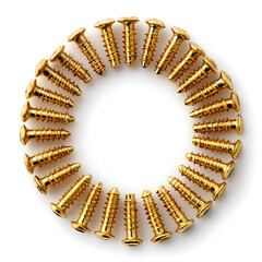 Golden Metal Screws Forming Circular Pattern on White Background