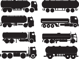 Black and White Vector Silhouettes of Tanker Trucks: Transportation, Fuel Delivery, Commercial Vehicles, Logistics, and Industrial Transport Graphics