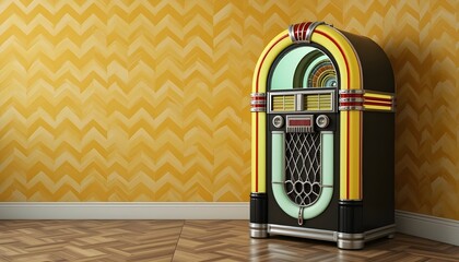 Yellow and Black Vintage Jukebox in a Room with Chevron Pattern
