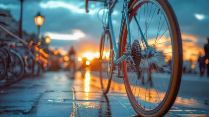 Fototapete Rund Artistic bicycle parked at sunset city street reflecting light beautiful vintage cycling tranquility peaceful background outdoor © nucharat