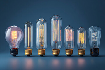 Vibrant row of glowing vintage and modern light bulbs in blue ambiance