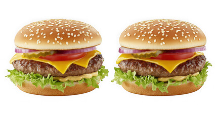 Two delicious cheeseburgers isolated on transparent background
