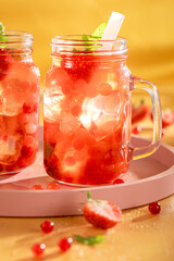 Refreshing strawberry bubble tea for hot summer with balls.