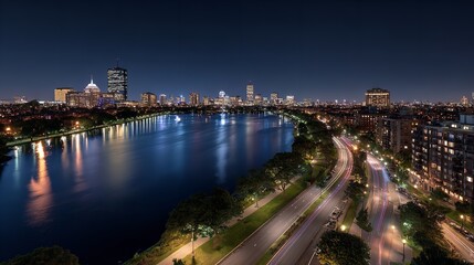 Cityscape at night with light trails from vehicles, illuminated buildings reflecting in water. Vibrant urban scene showcasing nightlife.