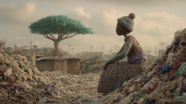 a woolen figure standing knee-deep in stitched piles of trash made of thread, plastic beads and paper scraps,