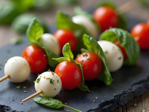 Overlapping Caprese Skewers: Two mini caprese skewers slightly overlapping, with cherry tomatoes, mozzarella balls, and basil leaves, served on a slate platter.
