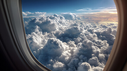 Airplane window clear sky, fluffy 3d clouds