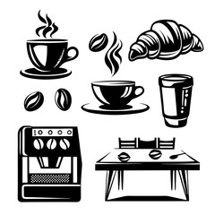 Coffee shop icons black and white illustration