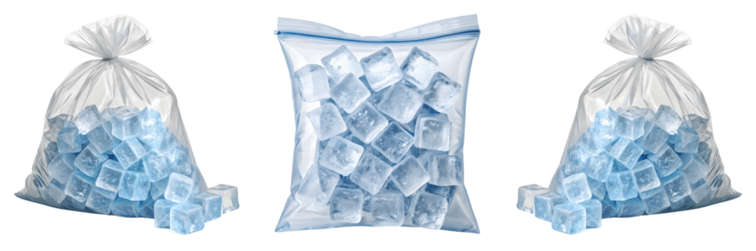 Set For Bags of ice cubes isolated on transparent background