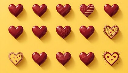 Set of glossy and scribbled red hearts in various styles. Perfect for love designs, romantic cards, or social media decorations.