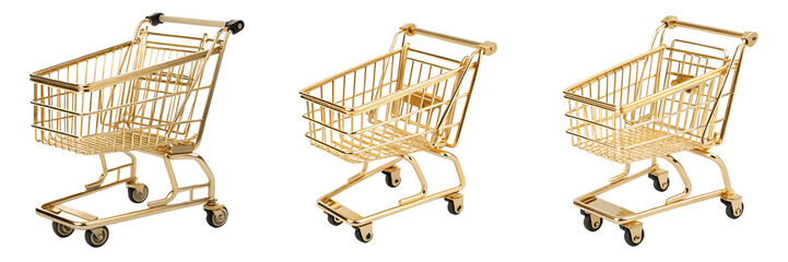 Set For golden shopping carts isolated on transparent background