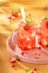 Cold strawberry bubble tea for hot summer with balls.