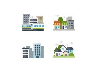 線路沿い、商店街、オフィス街、住宅街のイラストセット