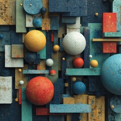 Abstract composition of textured spheres and geometric blocks in muted color palette