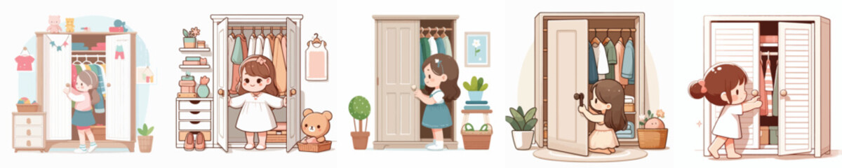 vector character girl opening wardrobe door