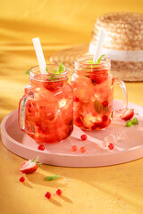 Sweet strawberry bubble tea made of fresh fruits and pearls.