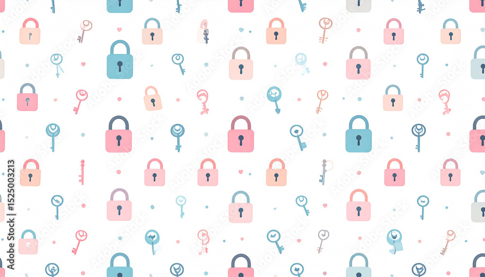 Poster pastel-colored padlocks and keys repeat on a white background in a seamless pattern, interspersed wi