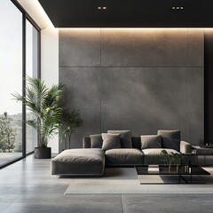 Modern minimalist living room with dark grey walls, large windows showcasing scenic view, plush sectional sofa, and potted plant