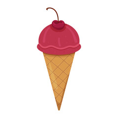 Colorful ice cream cone with cherry on top against plain background