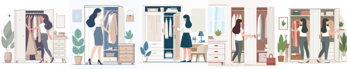 vector character woman opening wardrobe door © galang