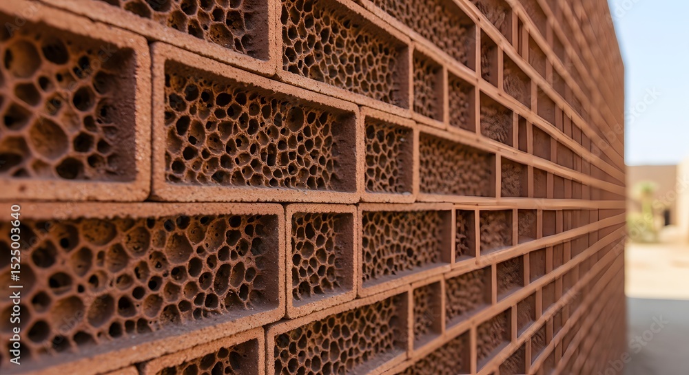 Aufkleber architectural detail: close-up of a textured clay brick wall with intricate perforated patterns and 