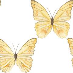 Yellow butterflies, delicate watercolor seamless pattern isolated on white. Ideal for textile design, wrapping paper, branding, eco packaging, stationery, wedding decor, digital projects. Hand painted