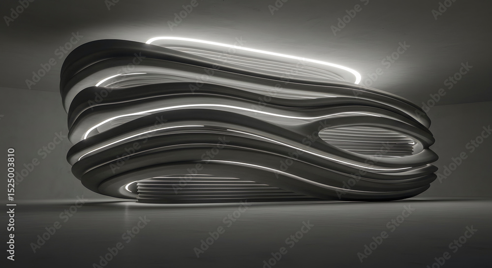 Poster striking abstract architecture: modern sculptural design with illuminated curves in a minimalist gra