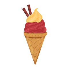 A delightful ice cream cone features vibrant swirls of red and yellow