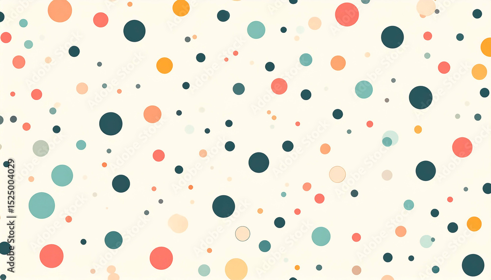 Poster a whimsical off-white background scattered with various-sized circles in muted pastel and dark teal 