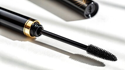 Naklejka premium Close-up of open black mascara tube with applicator wand and soft shadows on white background 
