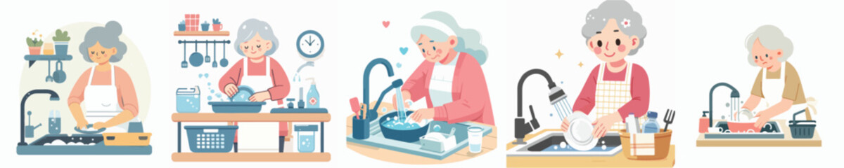 vector character grandma washing dishes