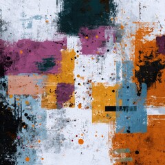 Abstract artwork with textured blocks of muted orange, purple, teal, and gray on a white background, featuring splatters and brushstrokes