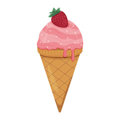 Delicious pink strawberry ice cream cone with a fresh berry on top